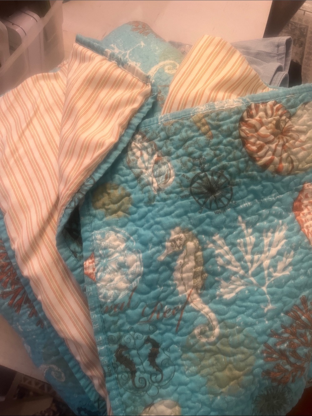 King size quilt with 2 king pillow shams, two different patterns, teal & coral